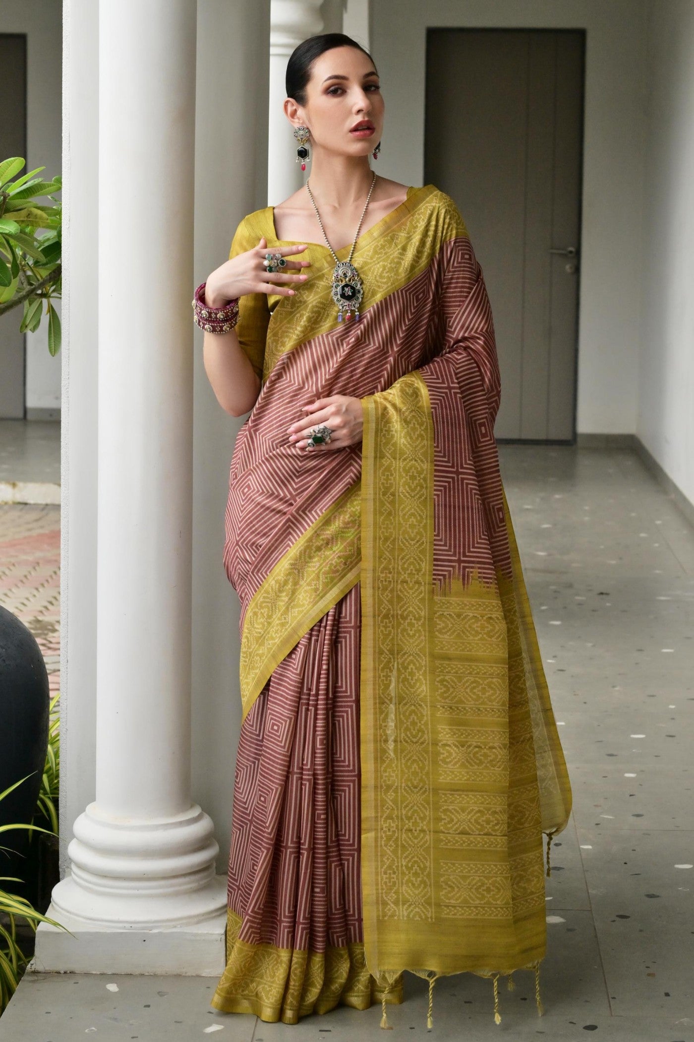 Buy MySilkLove Umber Brown and Green Printed Tussar Silk Saree Online