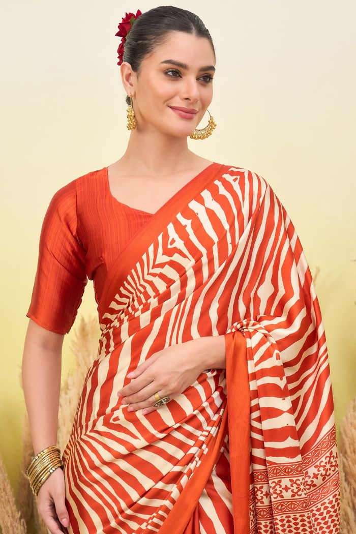 Buy MySilkLove Sunset Orange Modal Ajrakh Satin Printed Silk Saree Online