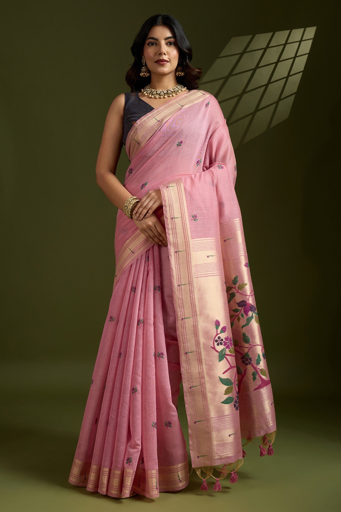 Buy MySilkLove Pink Pearl Woven Muga Cotton Paithani Saree Online