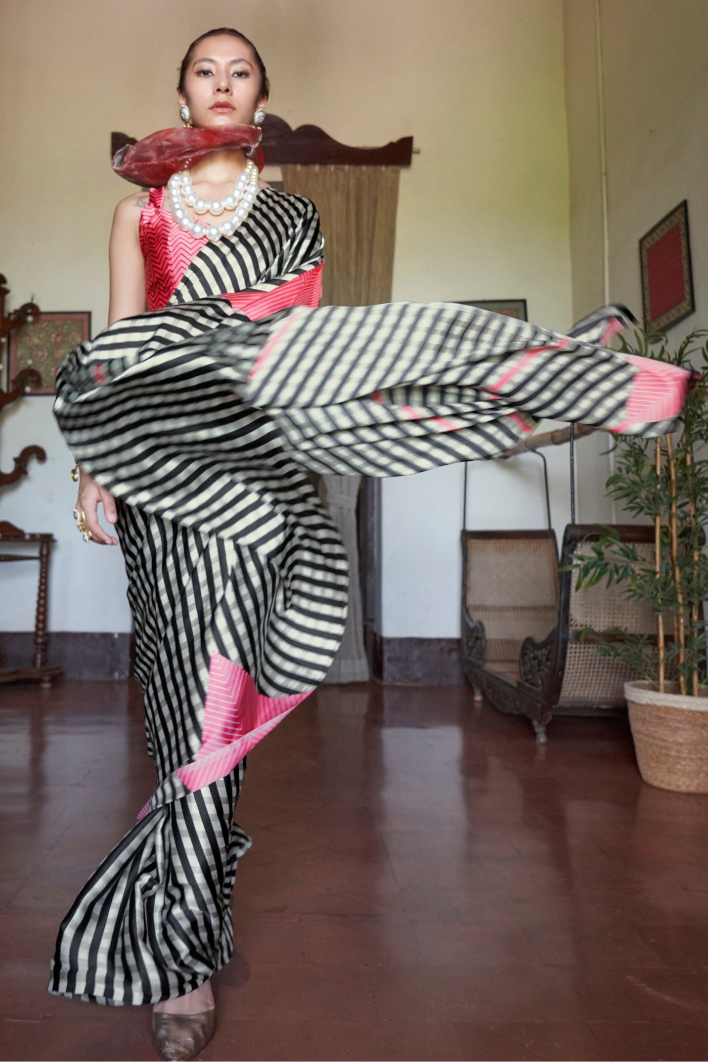 Buy MySilkLove Tuna Black and White Stripes Printed Satin Crepe Silk Saree Online