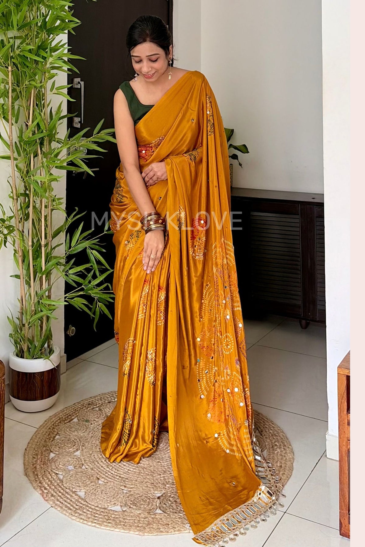 Buy MySilkLove Antique Yellow Satin Printed Bandhani Mirror Work Saree Online