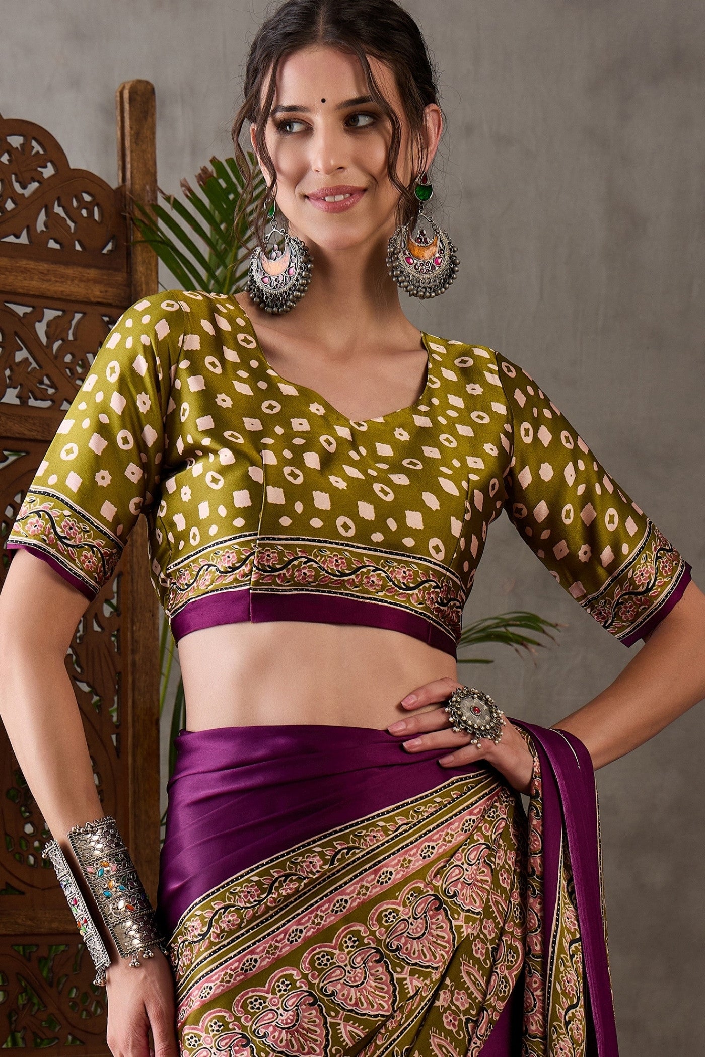 Buy MySilkLove Berry Purple Printed Satin Gaji Silk Saree Online