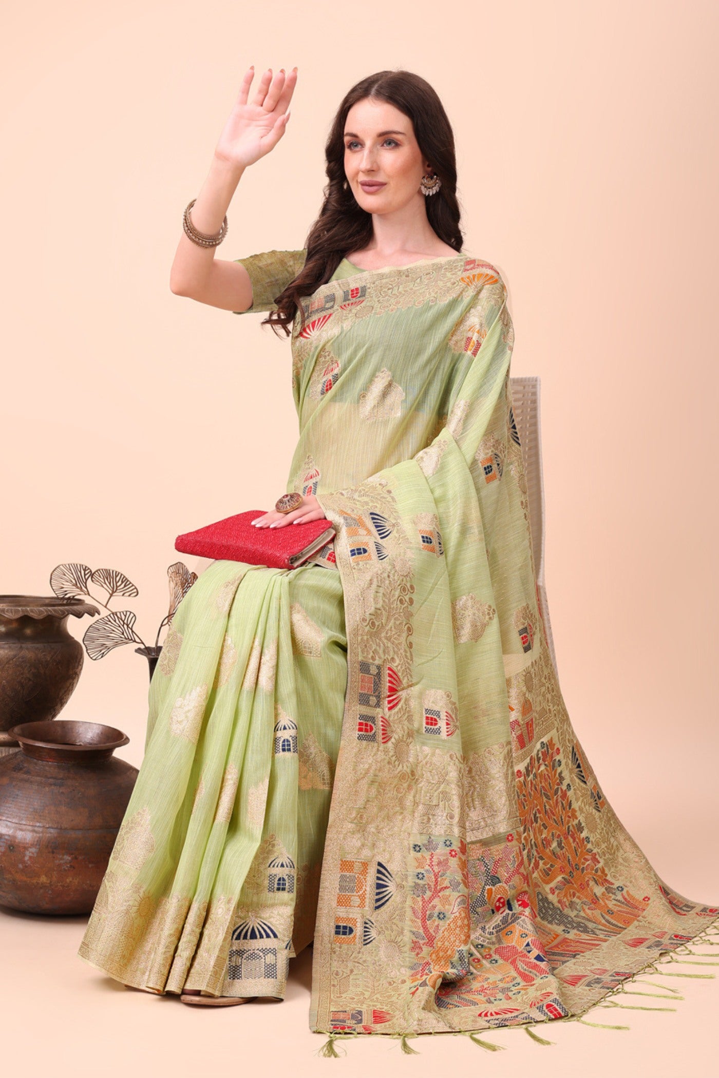 Buy MySilkLove Apple Green Linen Cotton Saree Online
