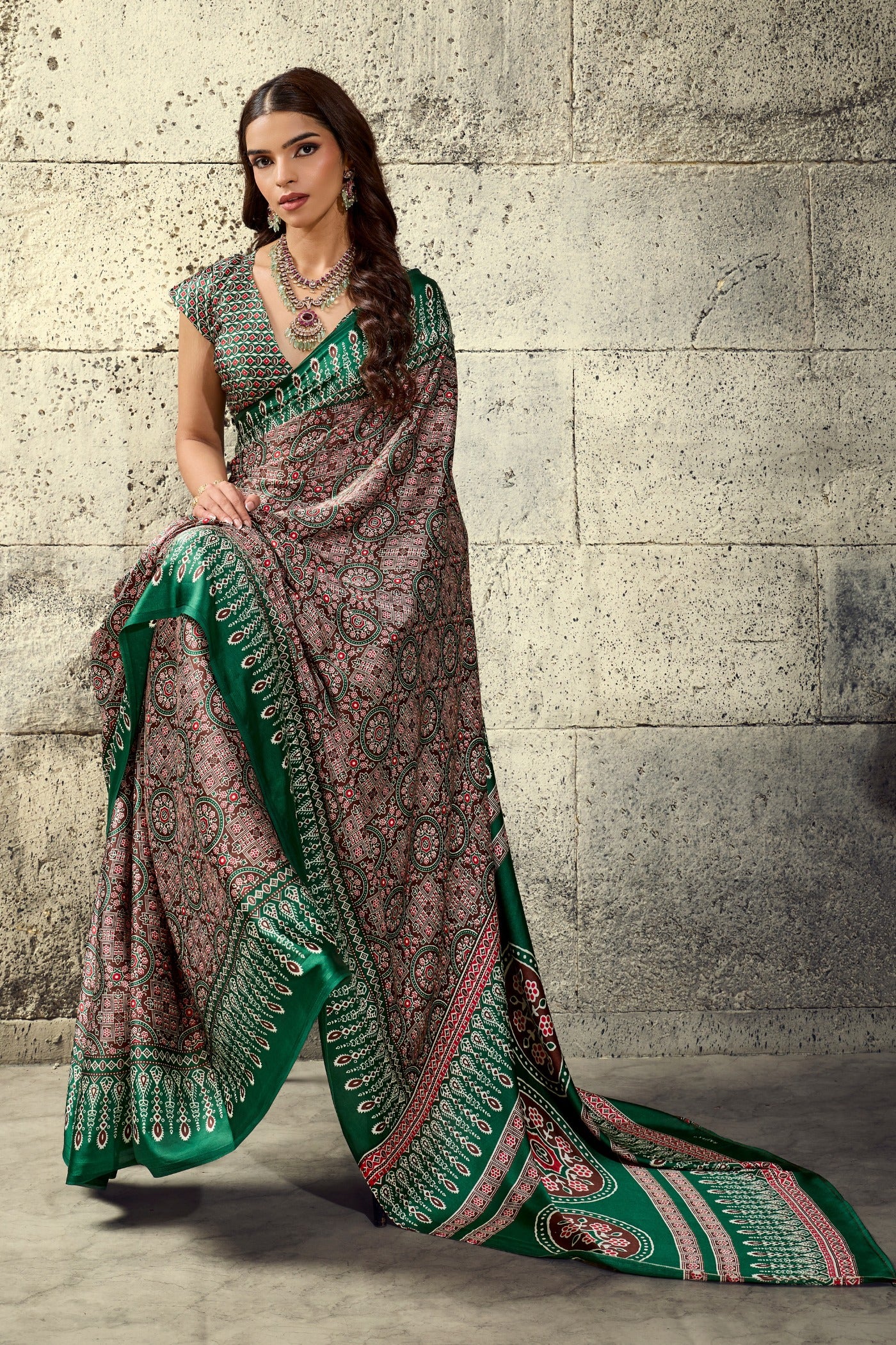 Buy MySilkLove Rust Brown and Green Modal Ajrakh Satin Printed Silk Saree Online