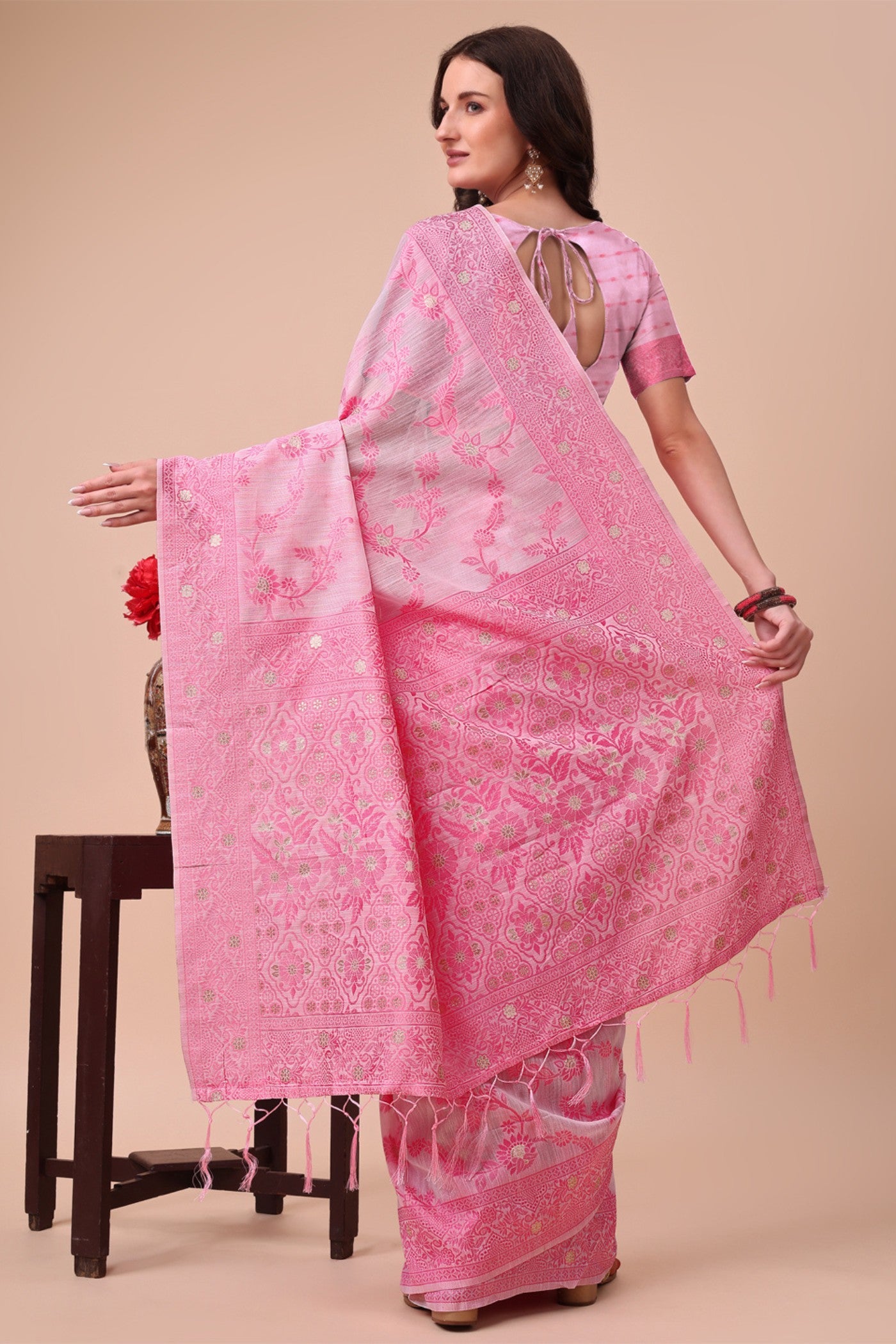 Buy MySilkLove Ballet Slipper Pink Woven Cotton Saree Online
