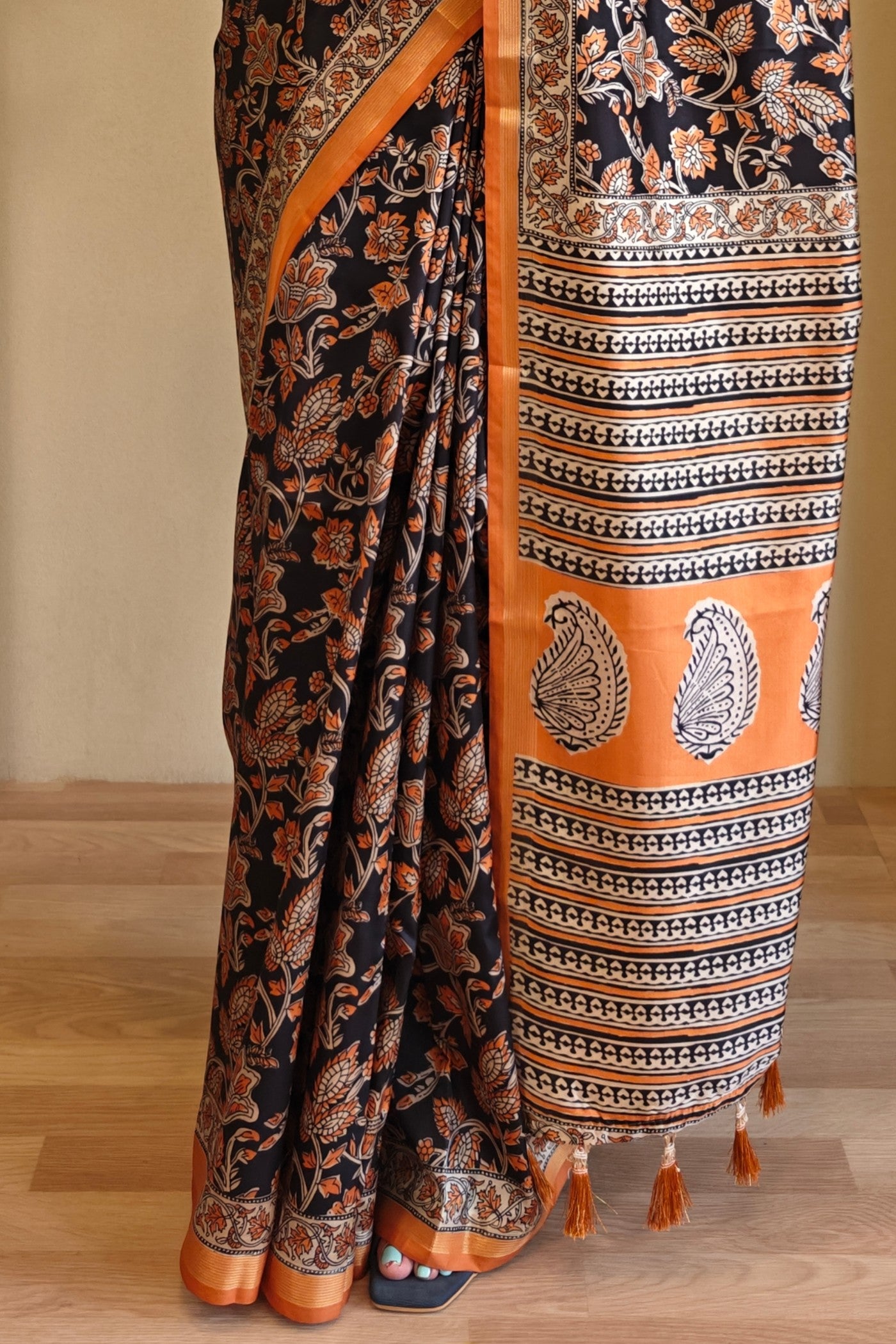 Buy MySilkLove Coral Black and Orange Digital Printed Saree Online