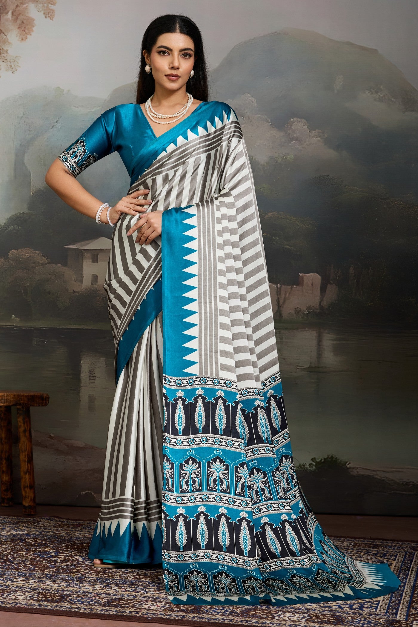 Buy MySilkLove Snow White and Blue Ajrakh Printed Satin Crepe Silk Saree Online