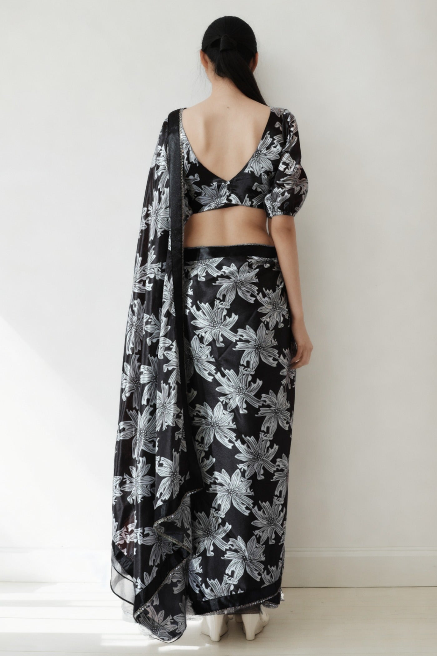 Buy MySilkLove Ebony Black Chinon Digital Printed Ready To Wear Saree Online