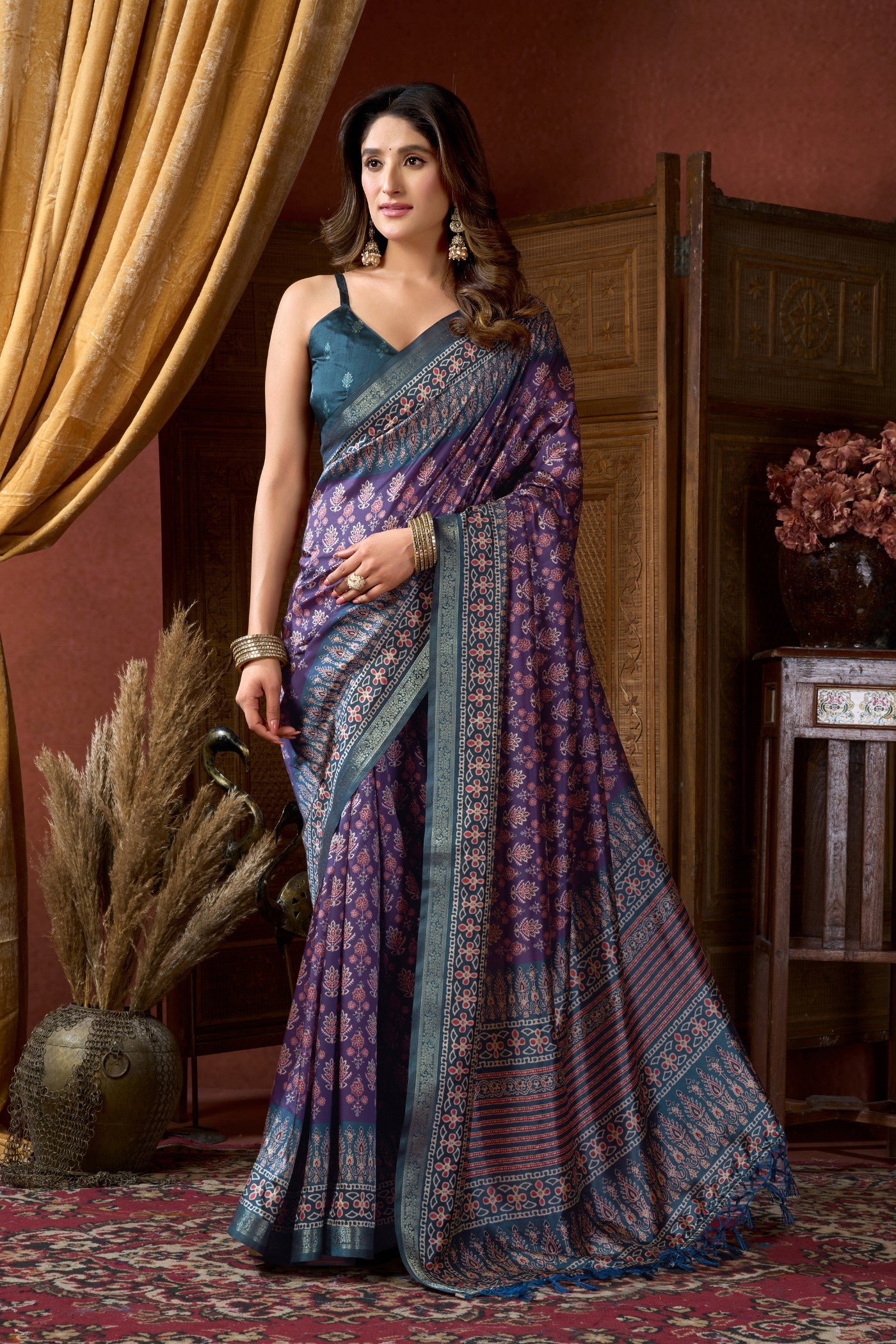 Buy MySilkLove Liseran Purple Ajrakh Printed Saree Online