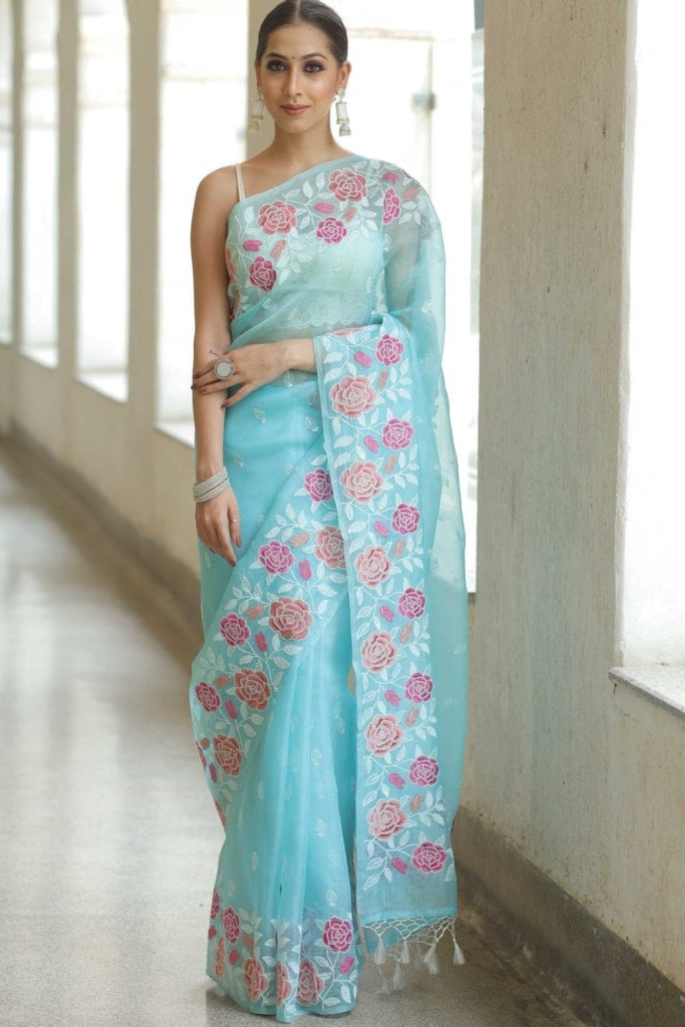 Buy MySilkLove Sky Blue Organza Partywar Saree Online