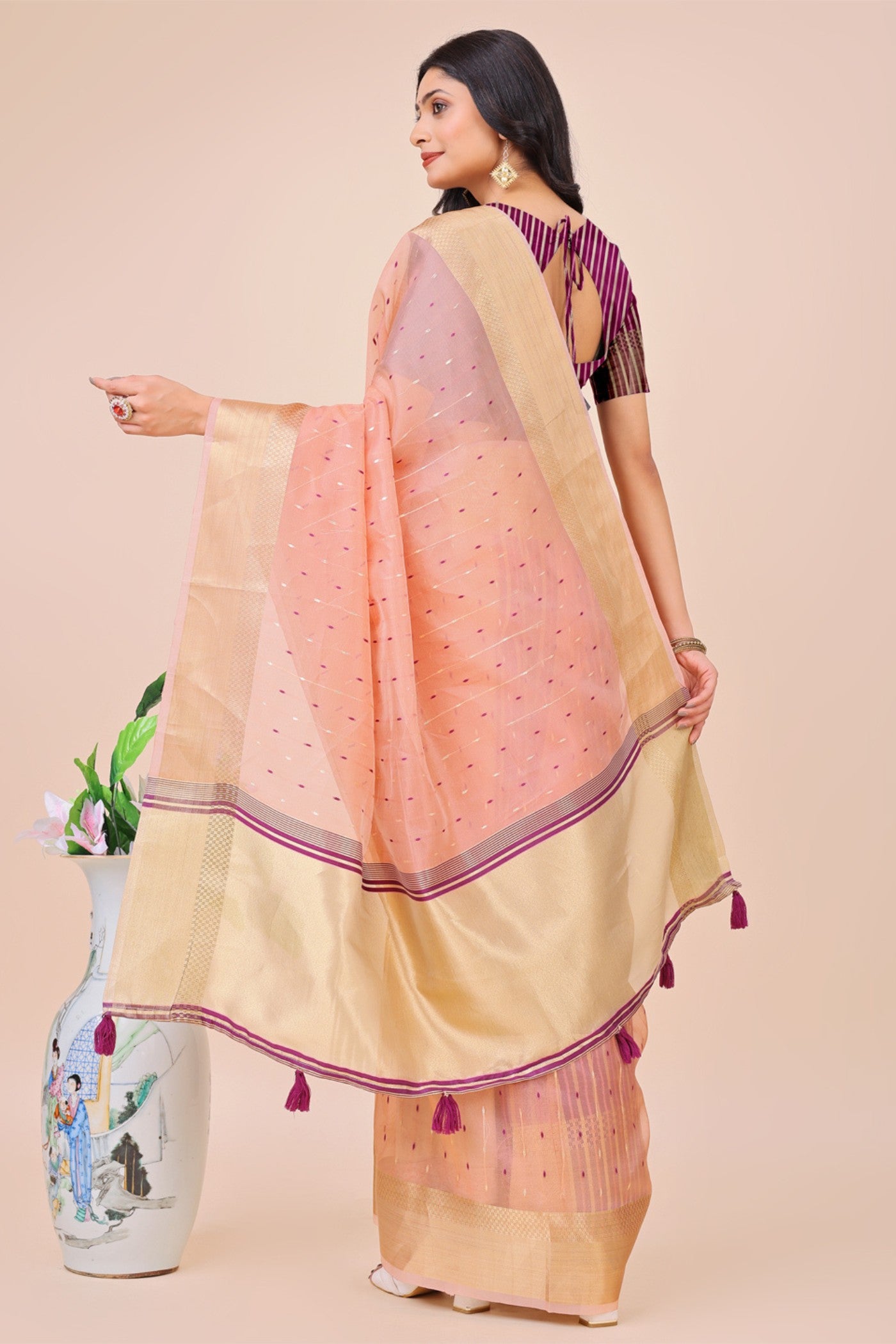 Buy MySilkLove Melon Peach Woven Organza Saree Online