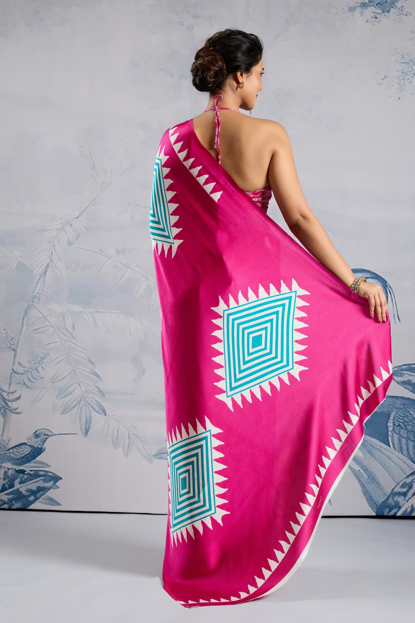 Buy MySilkLove Erica Pink Stripe Ajrakh Printed Satin Crepe Silk Saree Online