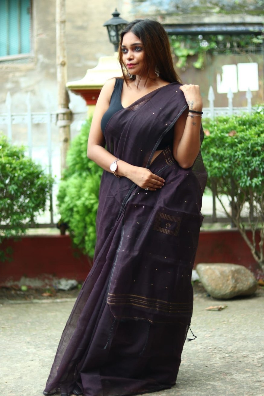 Buy MySilkLove Cod Black Cotton Sequence Chumki Saree Online