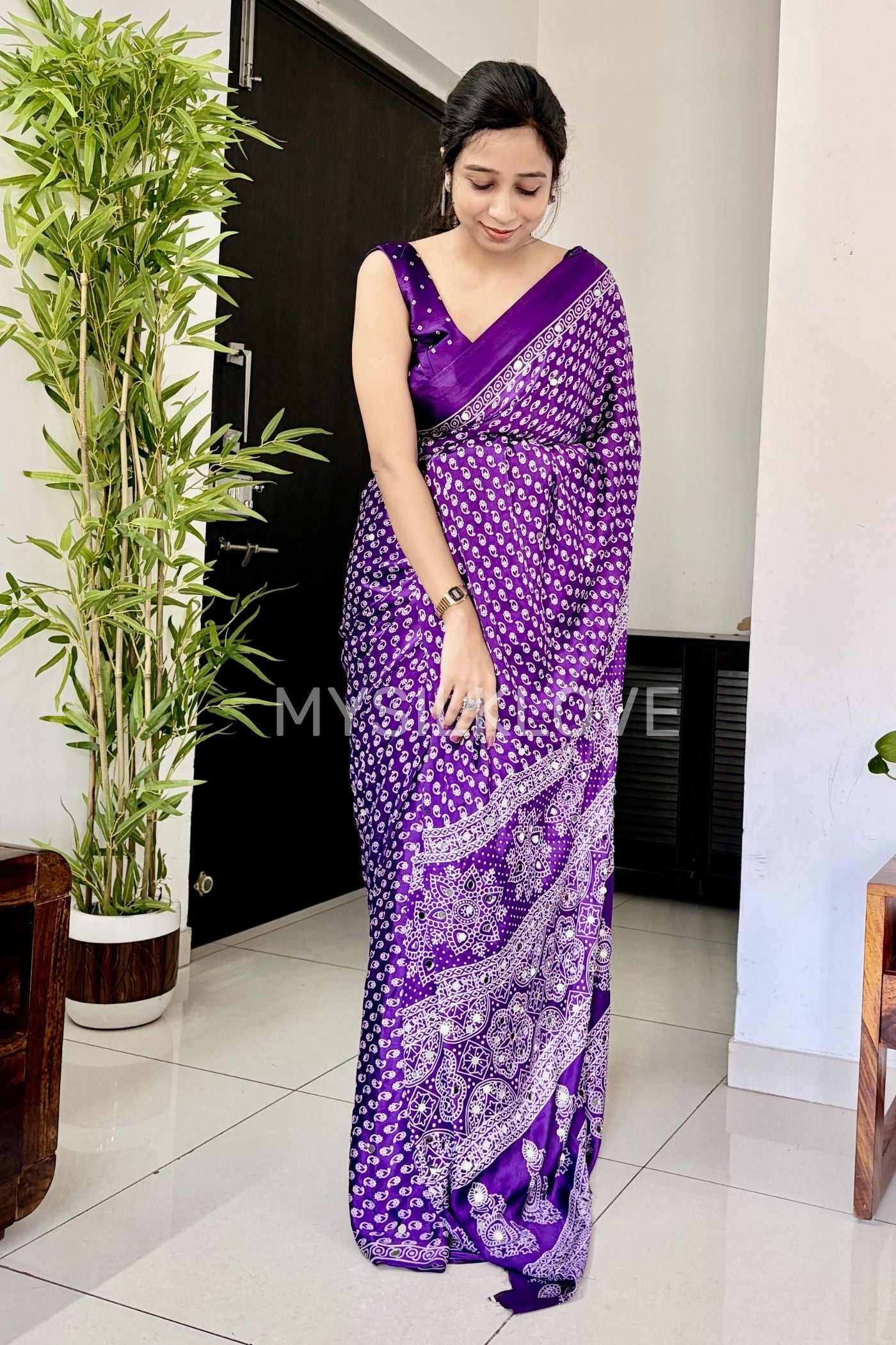 Buy MySilkLove True Purple Modal Ajrakh Satin Printed Mirror Work Saree Online