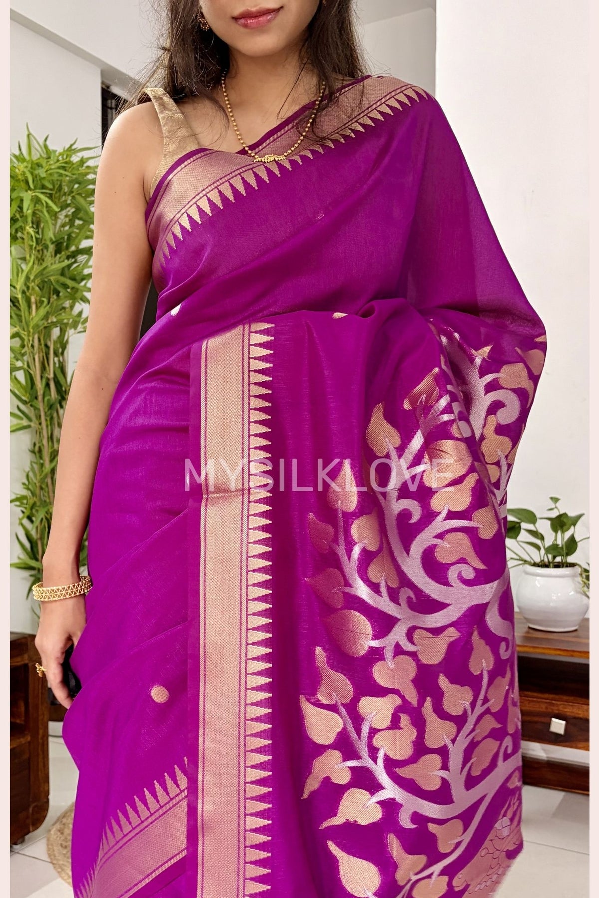 Buy MySilkLove Dark Pink Pichwai Woven temple border Pure Cotton Silk Saree Online