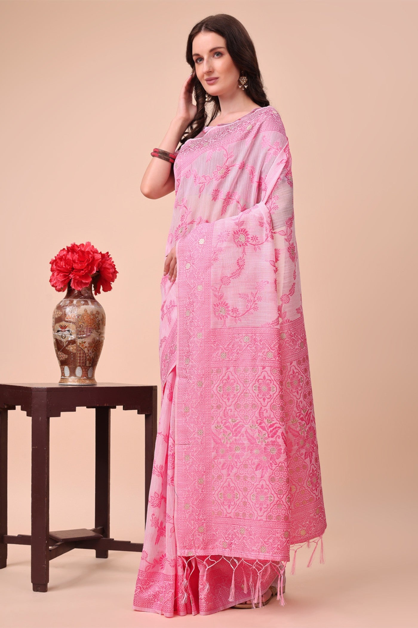 Buy MySilkLove Ballet Slipper Pink Woven Cotton Saree Online