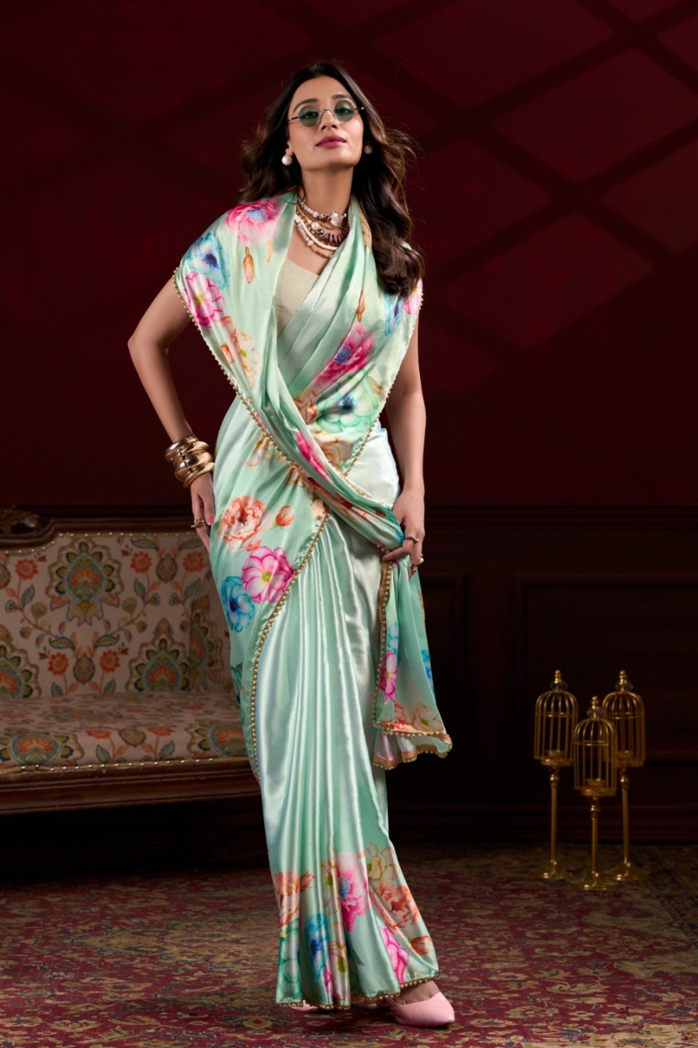 Buy MySilkLove Seafoam Green Floral Printed Satin Silk Saree Online