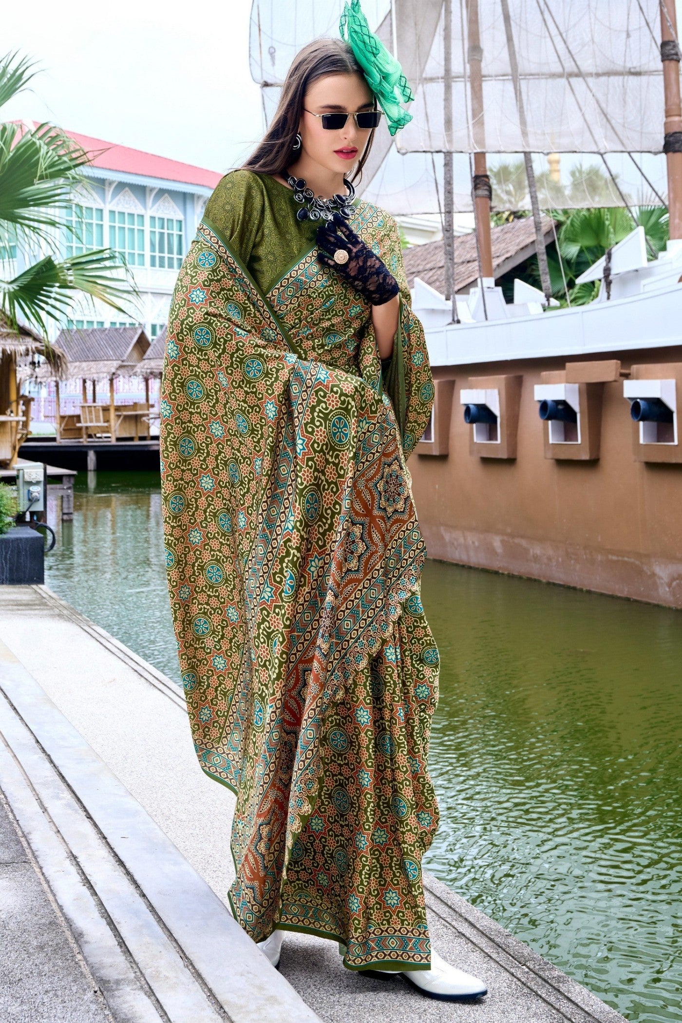 Buy MySilkLove Army Green Printed Satin Crepe Silk Saree Online