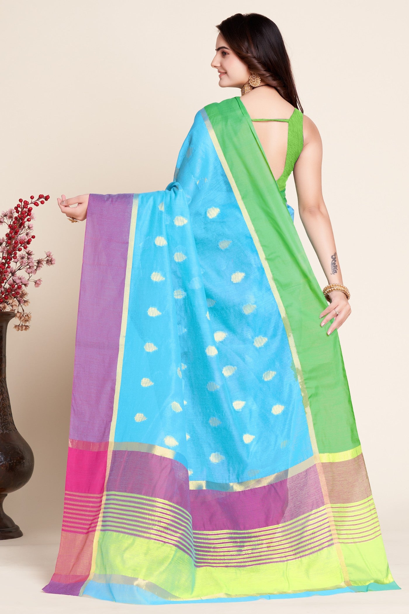 Buy MySilkLove Painting Blue Woven Cotton Saree Online