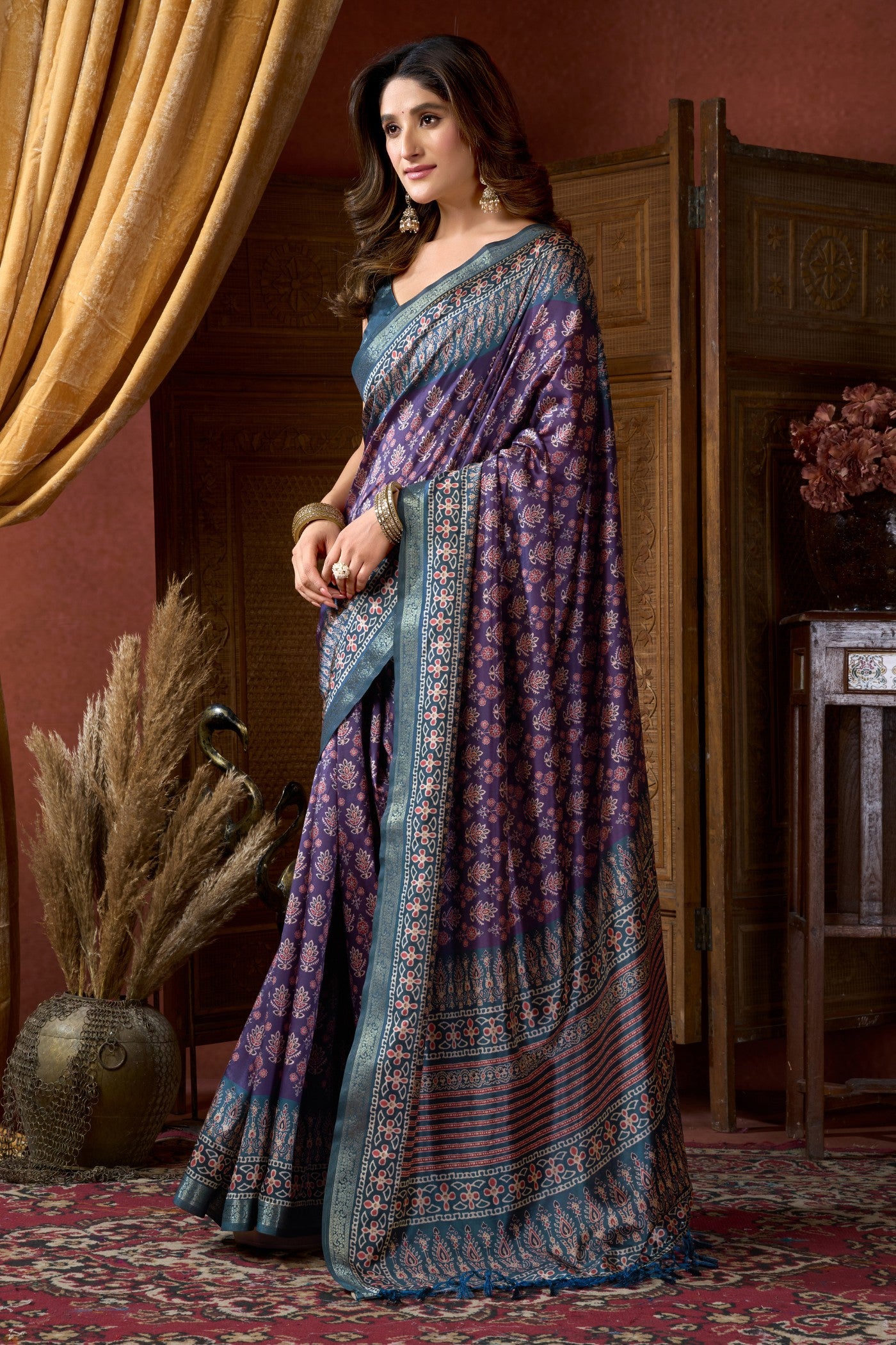 Buy MySilkLove Liseran Purple Ajrakh Printed Saree Online