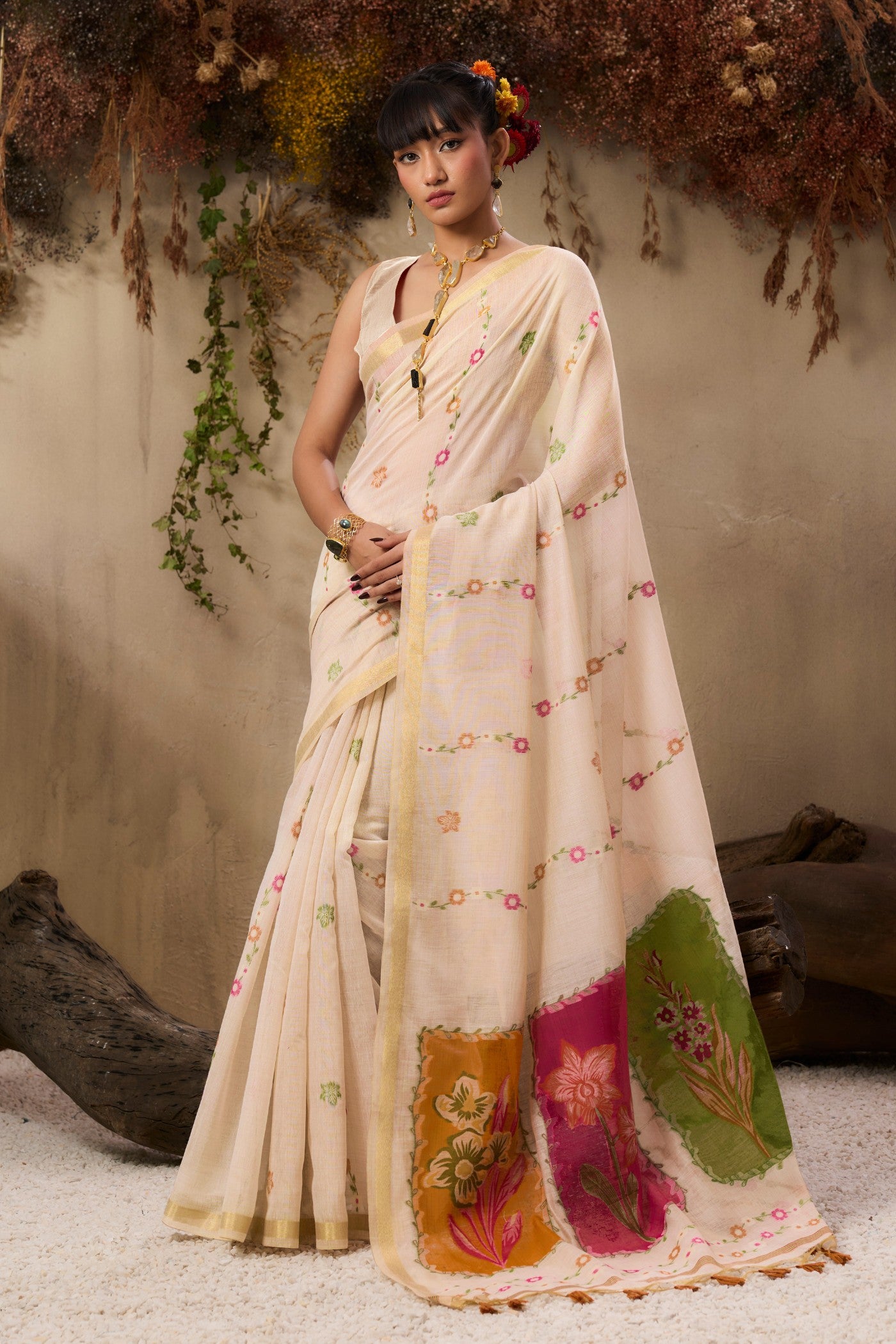 Buy MySilkLove Coconut Cream Handloom Muga Cotton Saree Online
