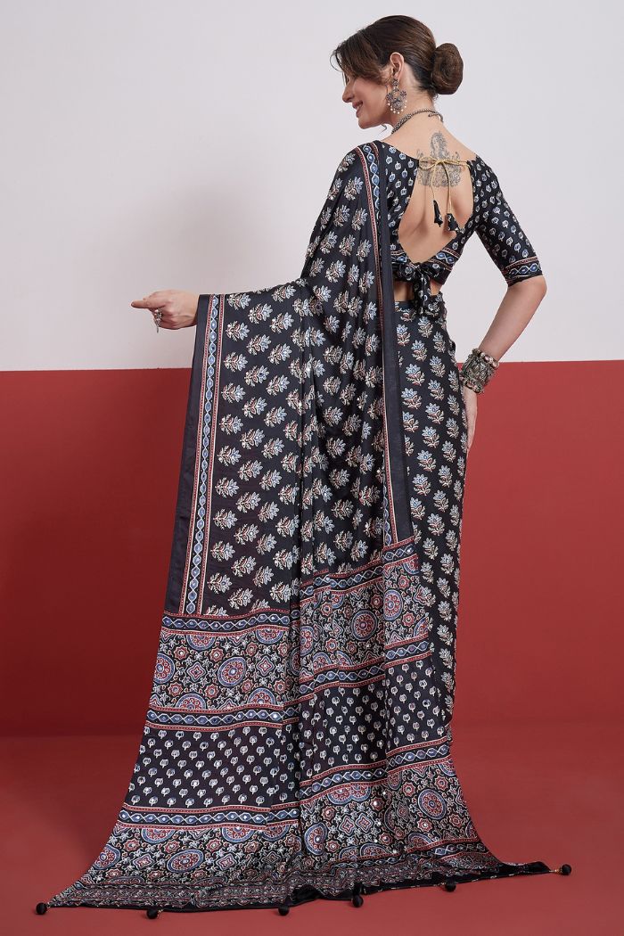 Buy MySilkLove Ebony Black Modal Ajrakh Satin Printed Mirror Work Saree Online