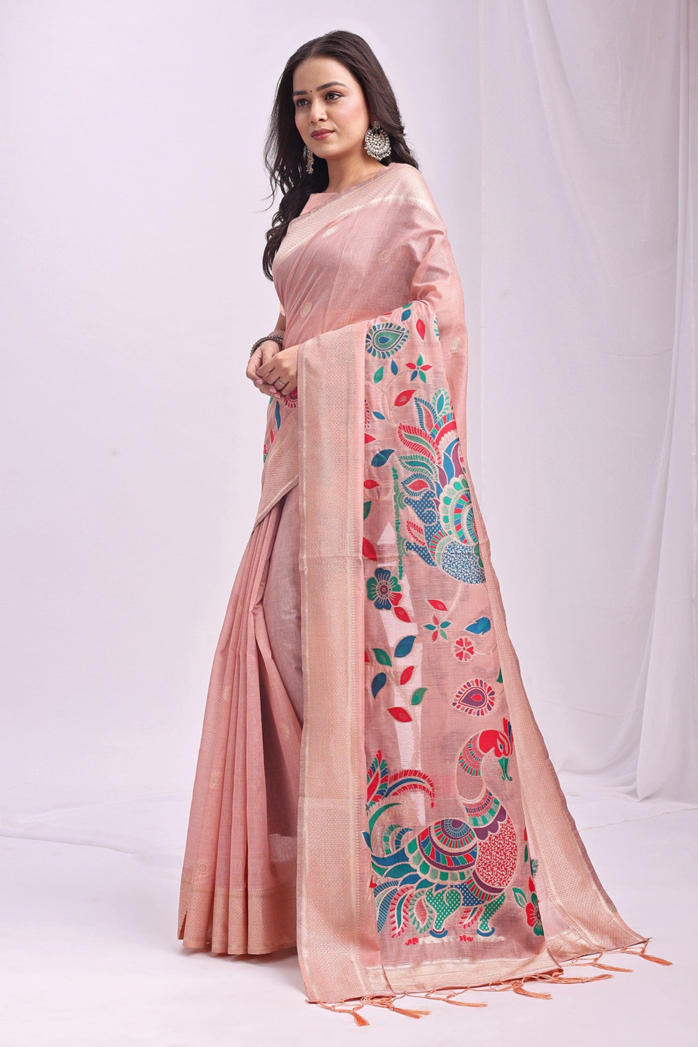 Buy MySilkLove Melon Peach Woven Linen Cotton Saree Online