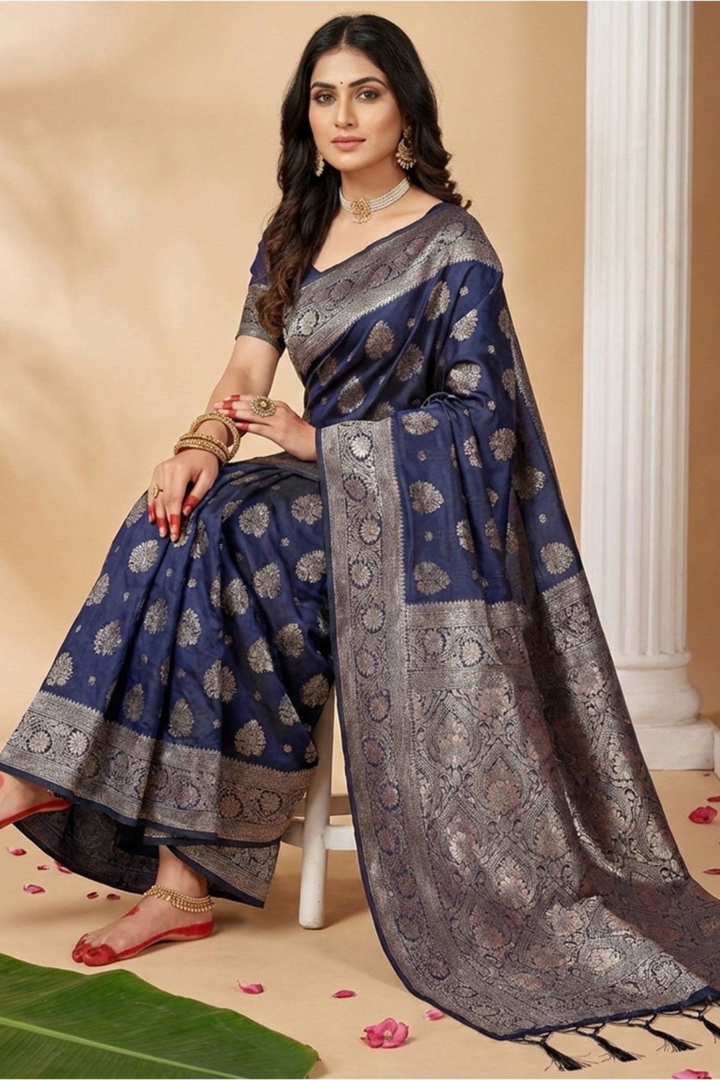 Buy MySilkLove Navy Blue Banarasi Woven Silk Saree Online