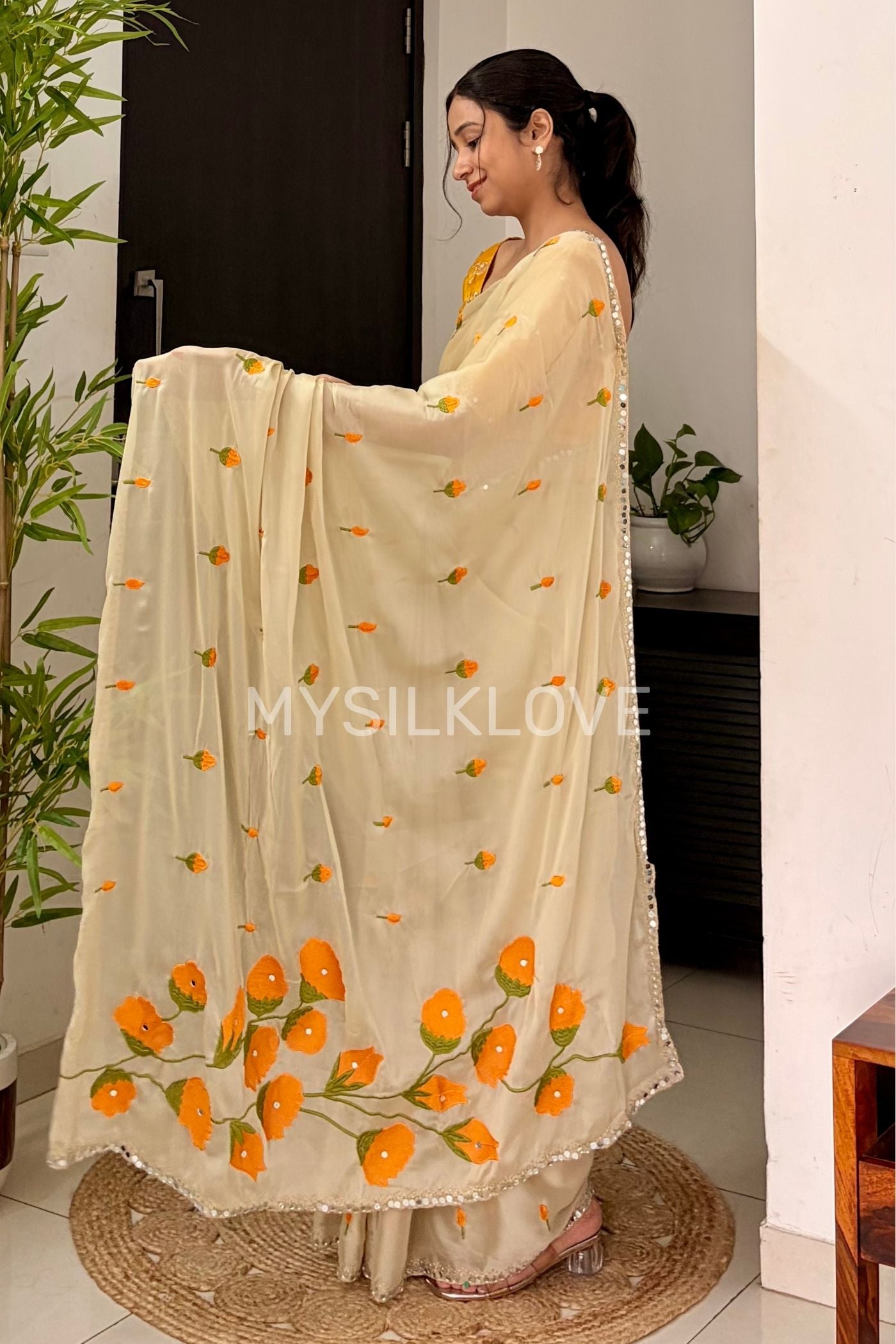 Buy MySilkLove Moonlit Cream and Yellow Embroidery Chiffon Floral Saree with Mirror Work Online
