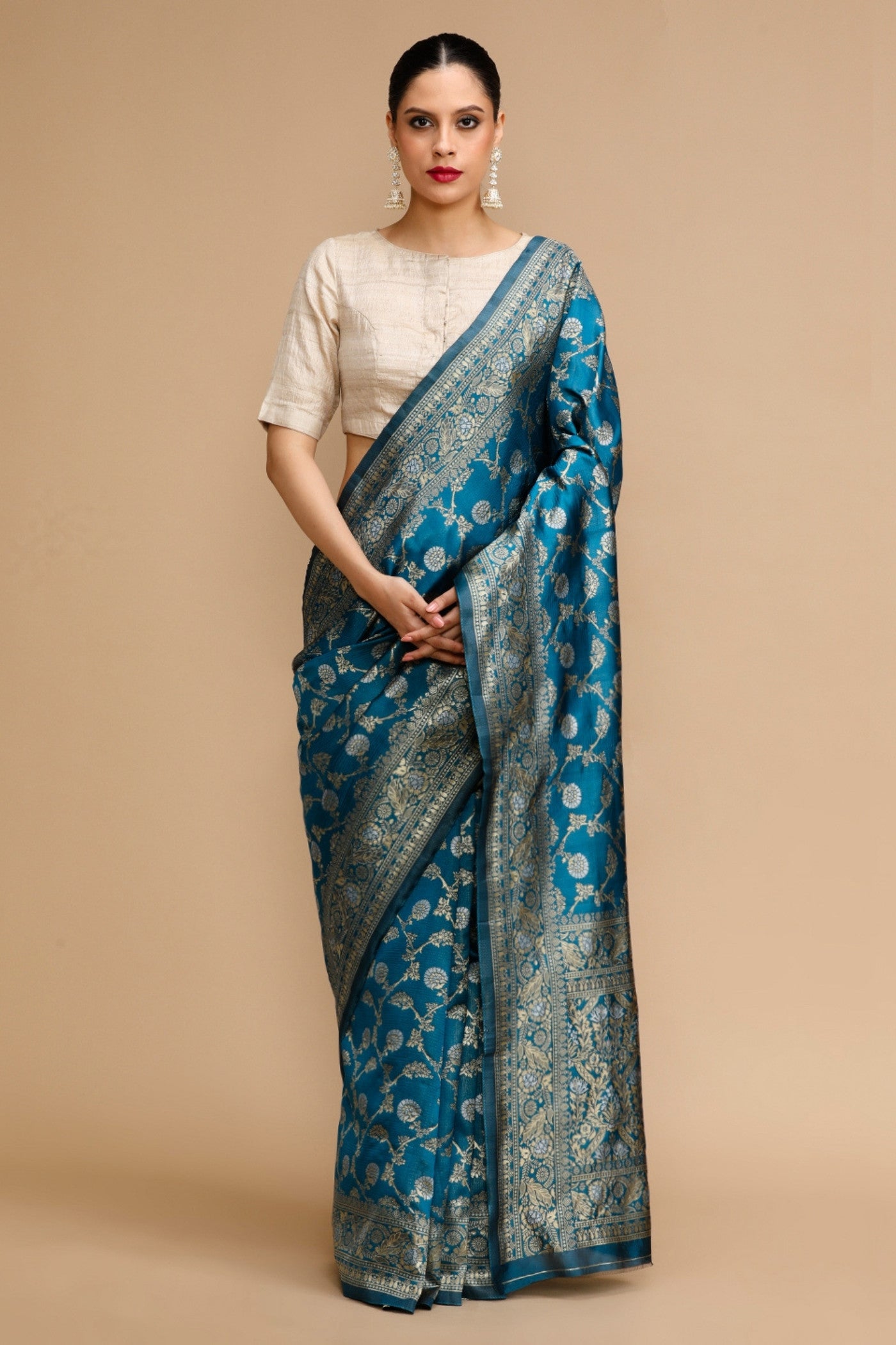Buy MySilkLove Ultramarine Blue Woven Jacquard Lichi Silk Saree Online