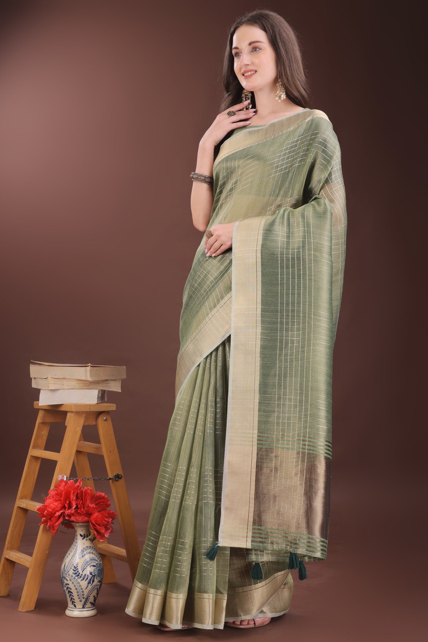 Buy MySilkLove Basil Green Woven Organza Saree Online