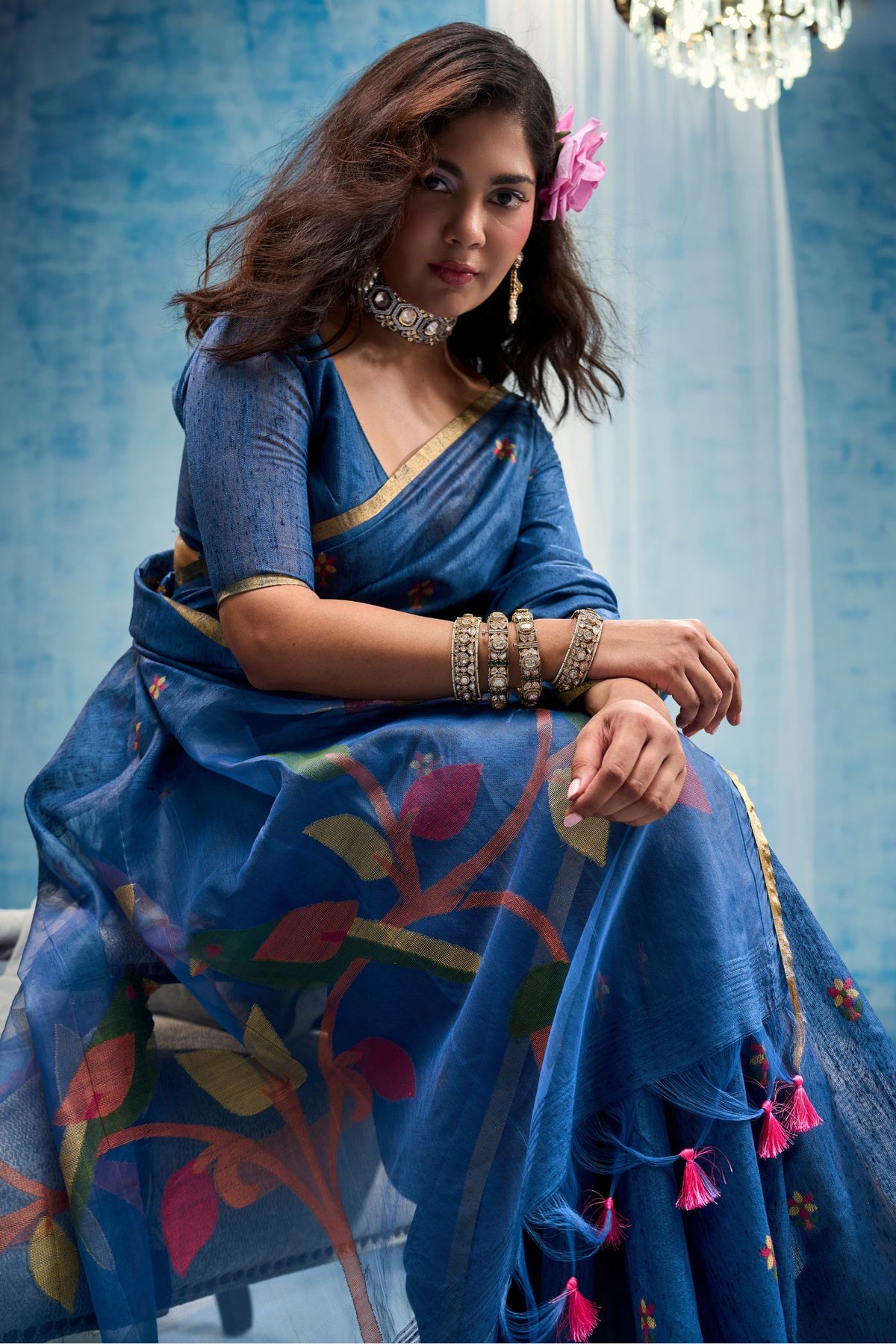 Buy MySilkLove Cornflower Blue Munga Handloom Silk Cotton Saree Online
