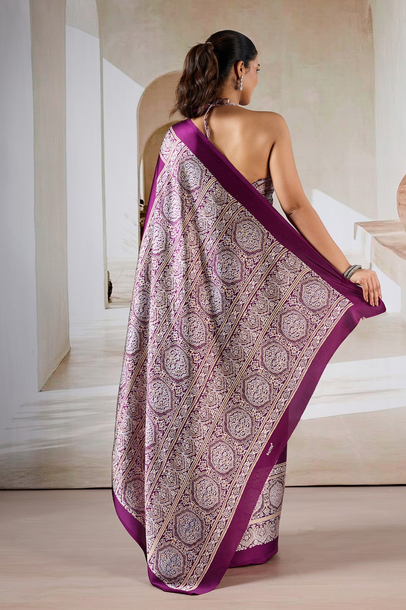 Buy MySilkLove Purple pizzazz Ajrakh Printed Satin Crepe Silk Saree Online