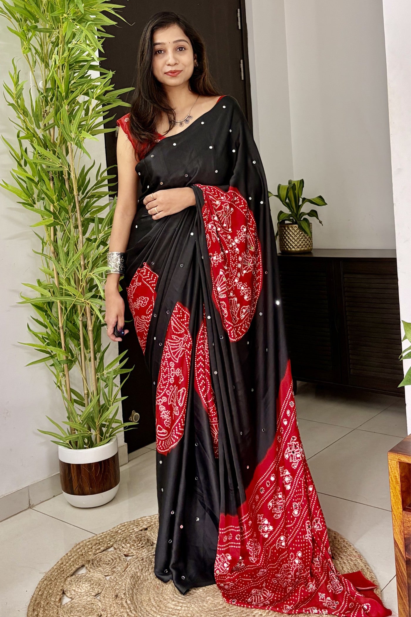 Buy MySilkLove Charcoal Black and Red Gaji Bandej Satin Soft Silk Saree Online