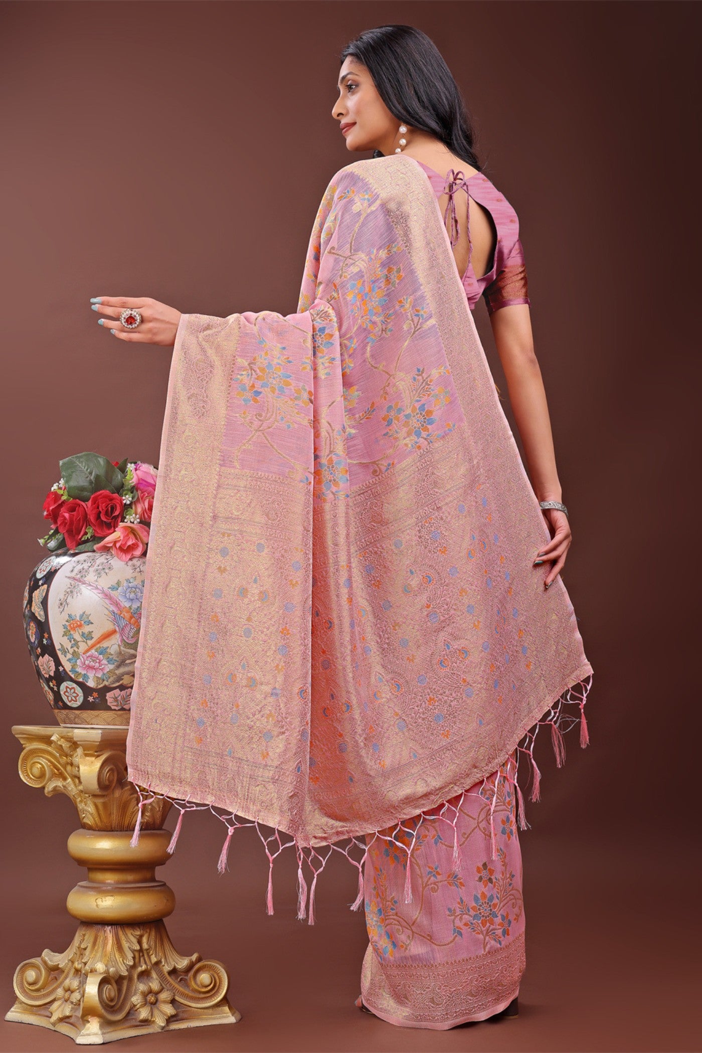 Buy MySilkLove Quicksand Pink Linen Cotton Saree Online
