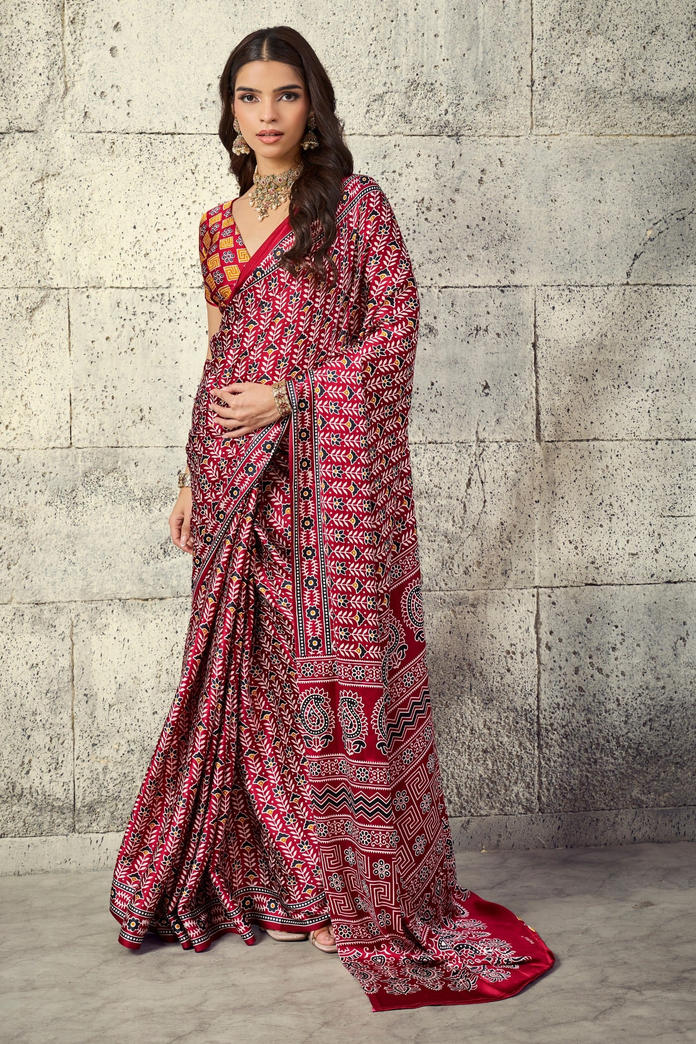Buy MySilkLove Deep Maroon Modal Ajrakh Satin Printed Silk Saree Online