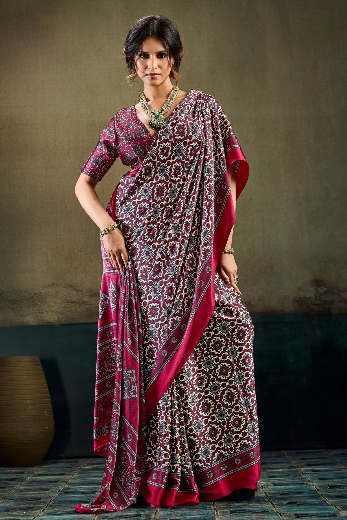 Buy MySilkLove Elegant Maroon Modal Ajrakh Satin Printed Silk Saree Online