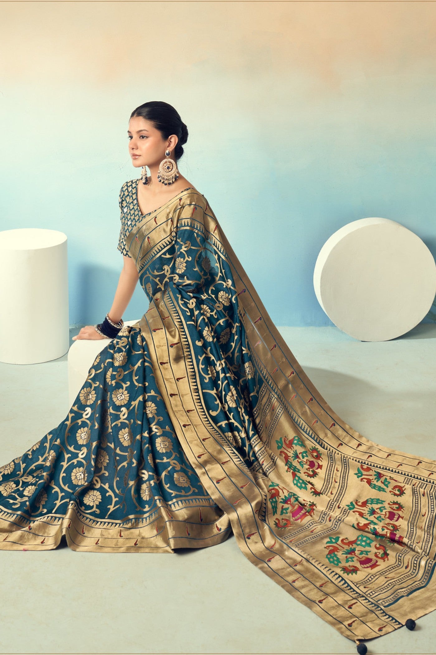 Buy MySilkLove Peacock Blue Designer Banarasi Georgette Saree Online