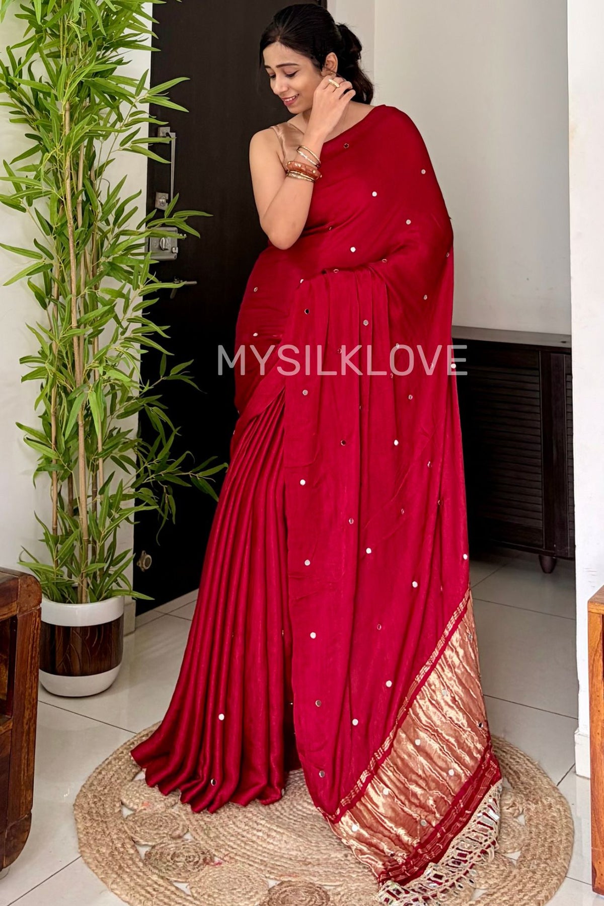 Buy MySilkLove Carmine Red Pure Gajji Modal Silk Mirror Work Saree with Lagdi Zari Pallu Online