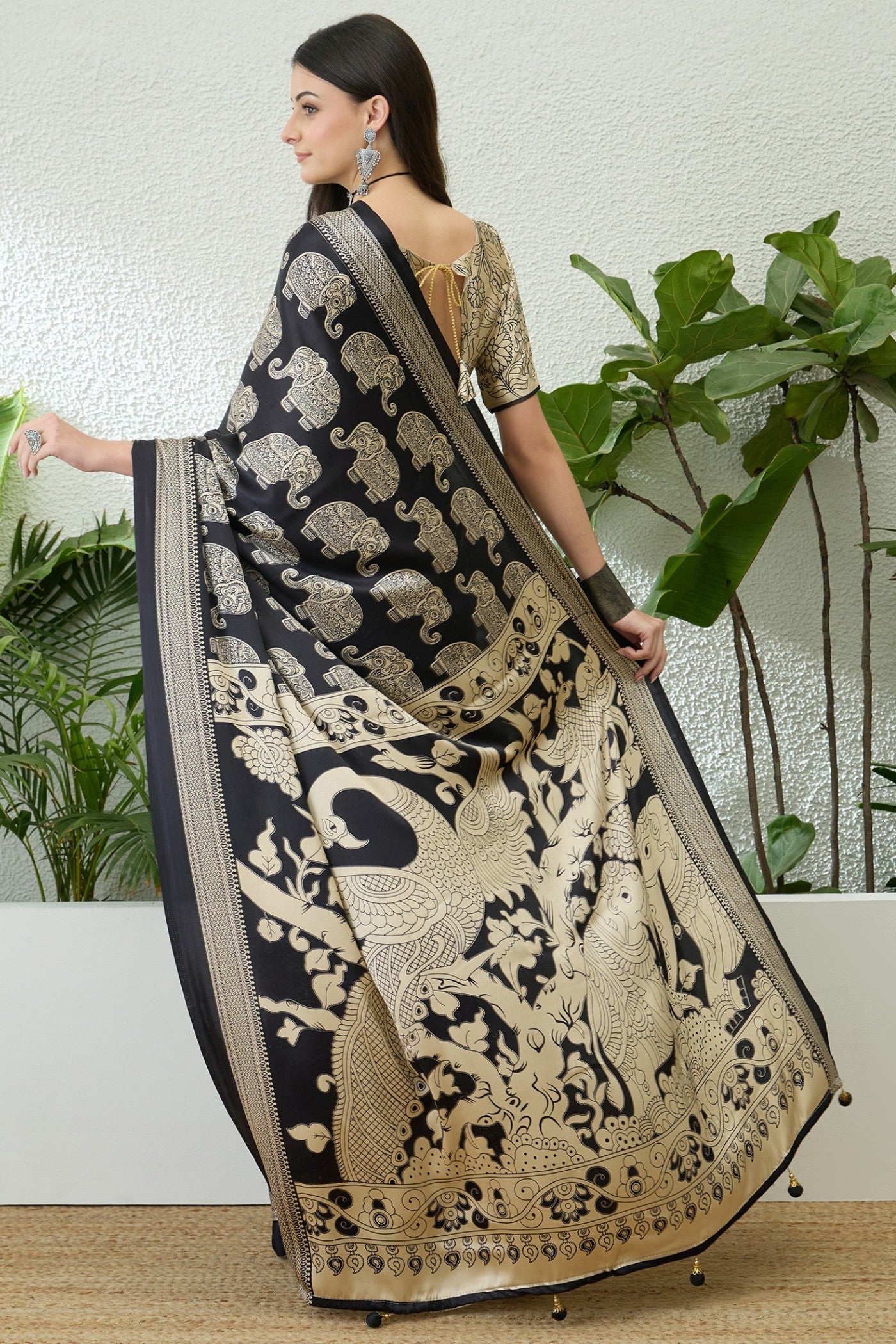 Buy MySilkLove Raisin Black Ajrakh Printed Satin Crepe Silk Saree Online