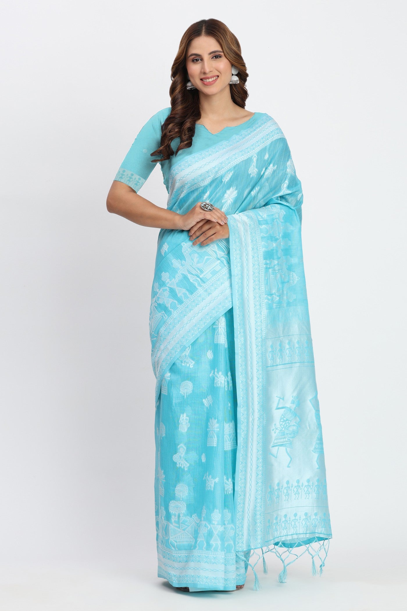 Buy MySilkLove Chathams Blue Woven Linen Cotton Saree Online