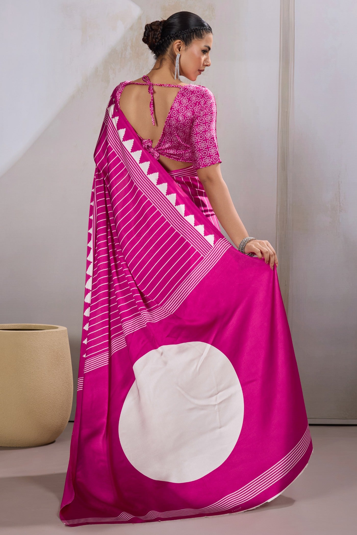 Buy MySilkLove Baby Pink Ajrakh Printed Satin Crepe Silk Saree Online