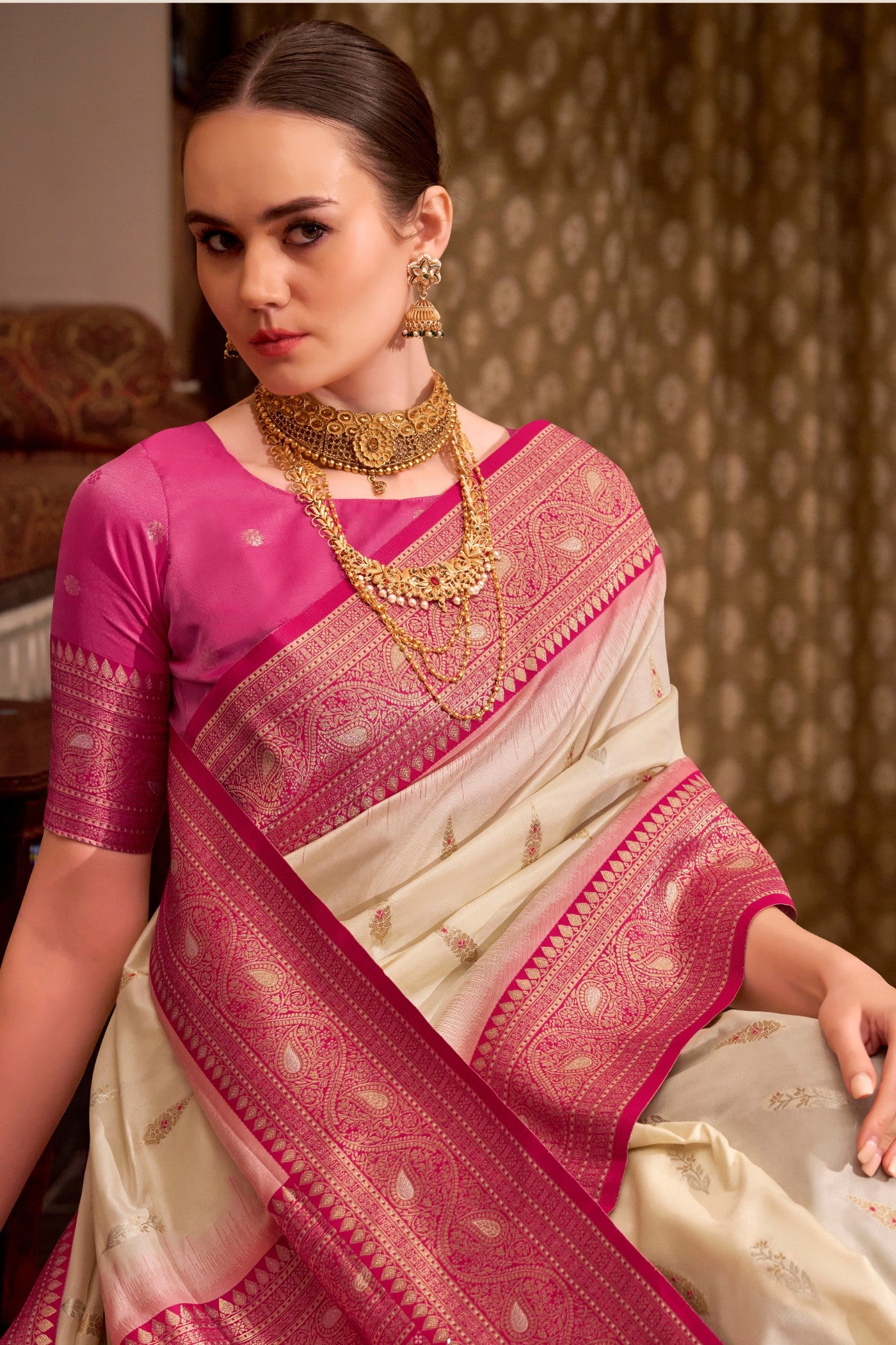 Buy MySilkLove Ivory Cream Woven Banarsi Saree Online