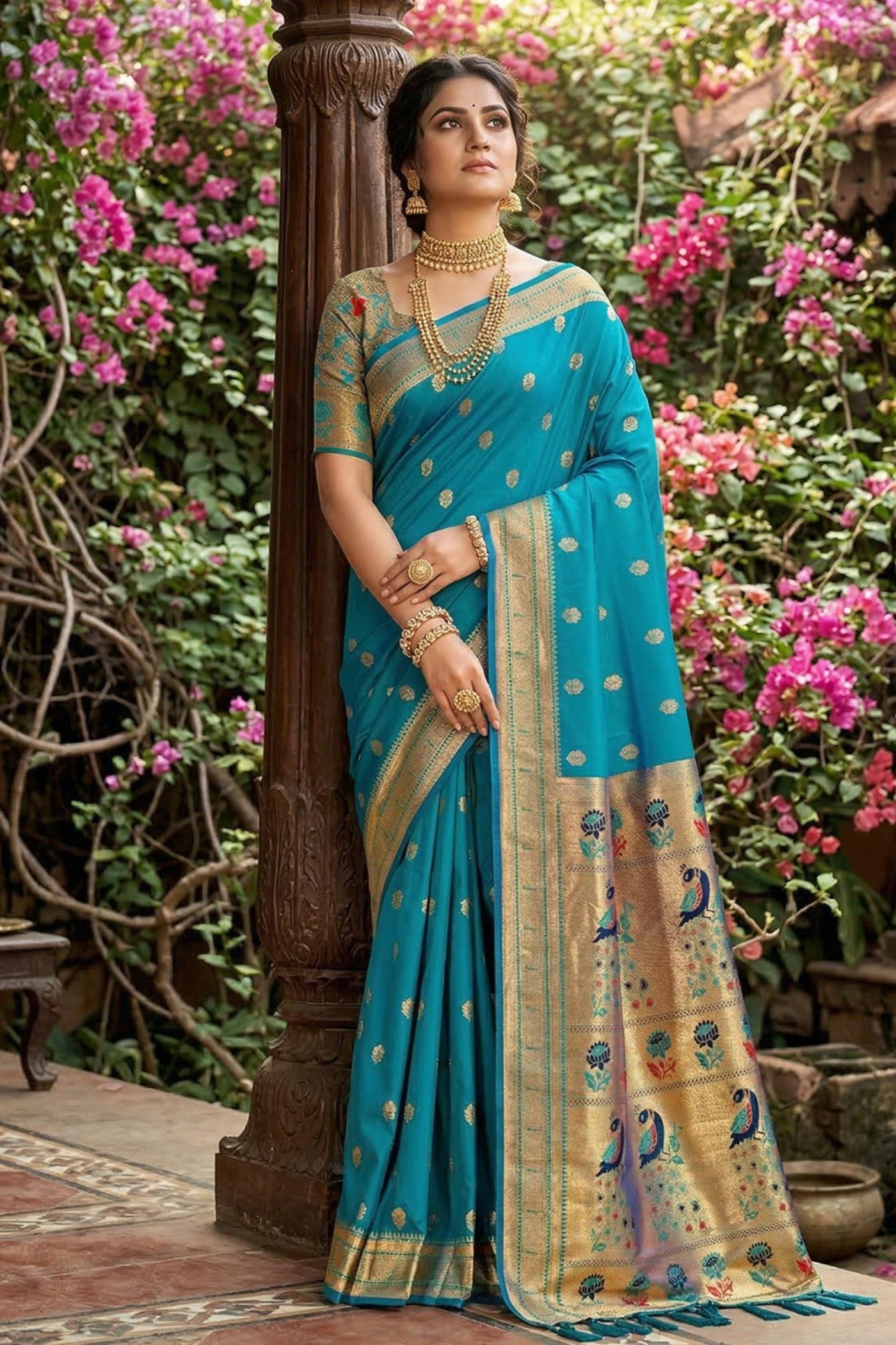 Buy MySilkLove Ocean Blue Zari Woven Paithani Saree Online