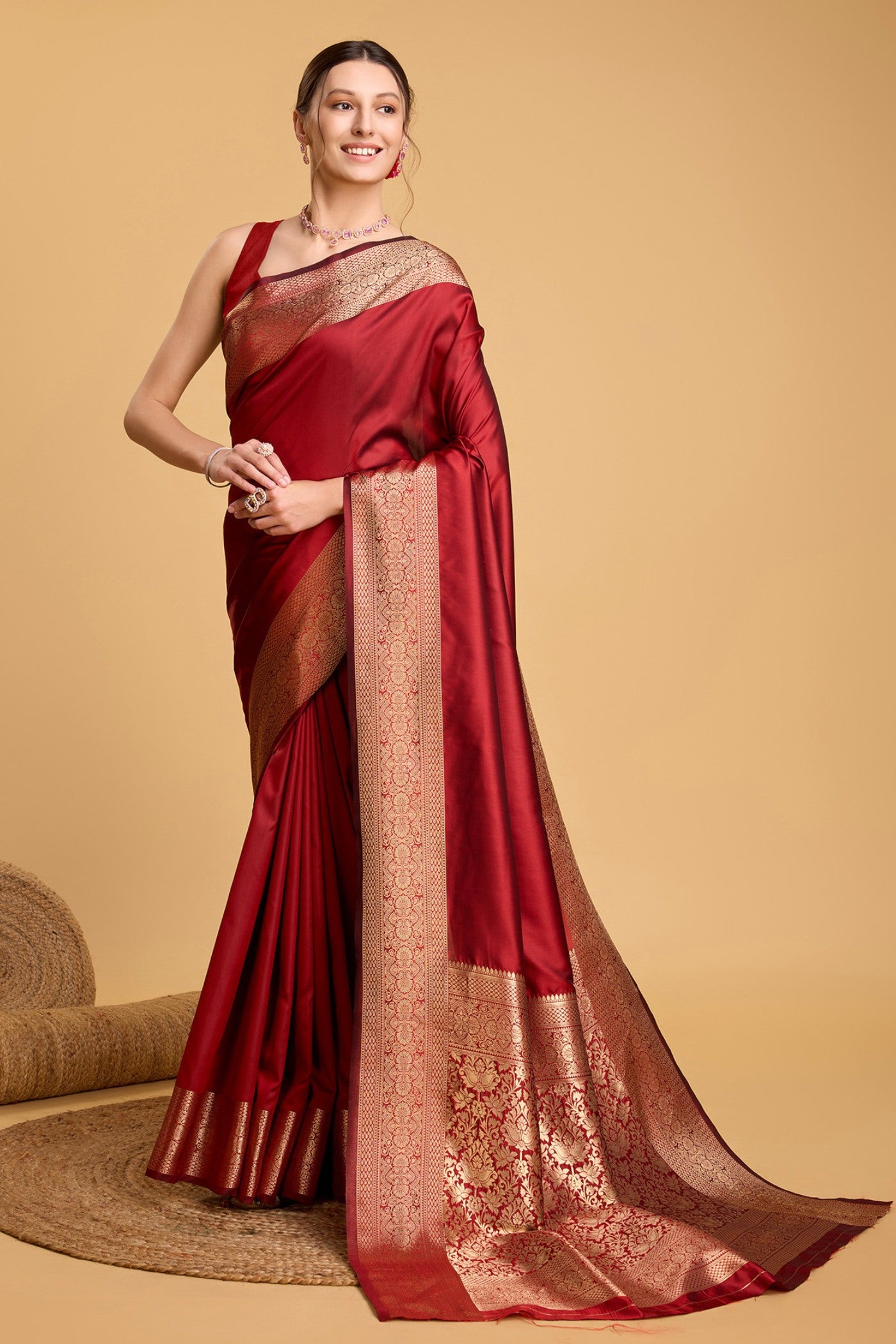 Buy MySilkLove Brick Maroon Woven Banarasi Saree Online