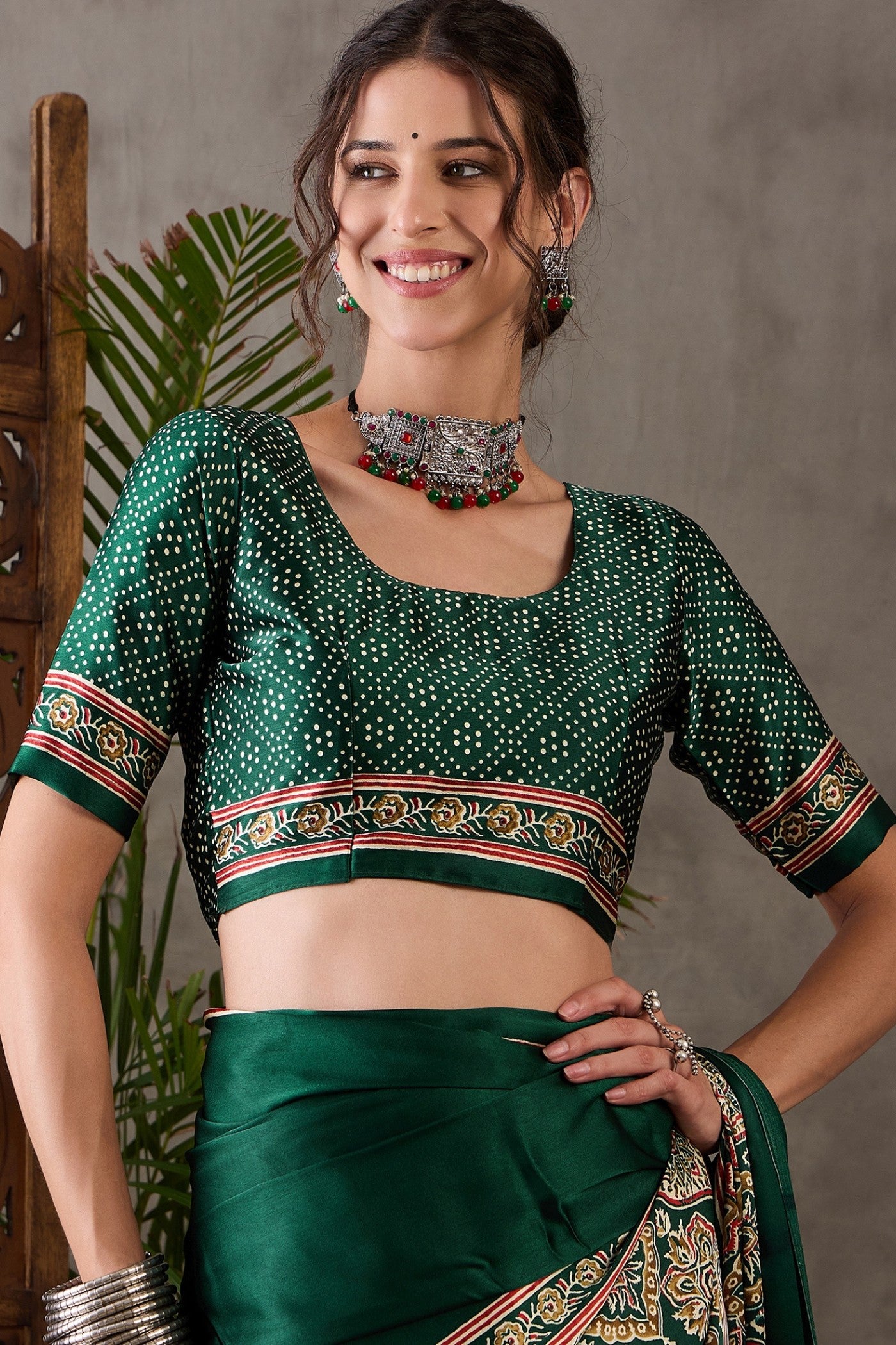 Buy MySilkLove Fern Green Printed Satin Gaji Silk Saree Online