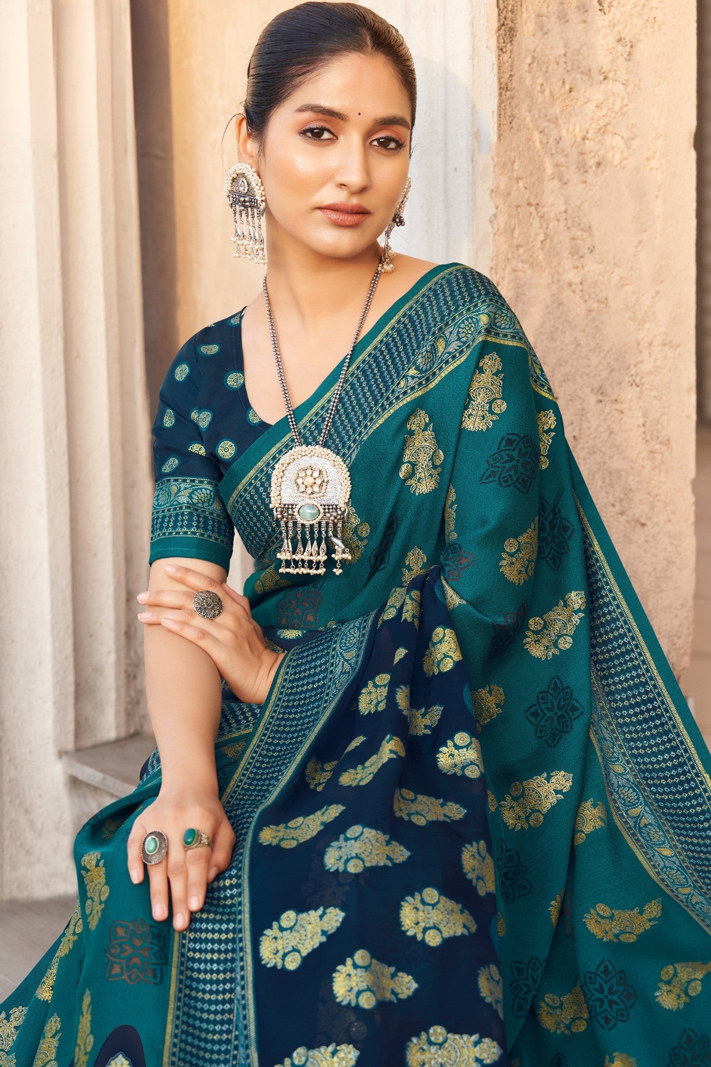 Buy MySilkLove Aqua Blue and Green Banarasi Georgette Saree Online