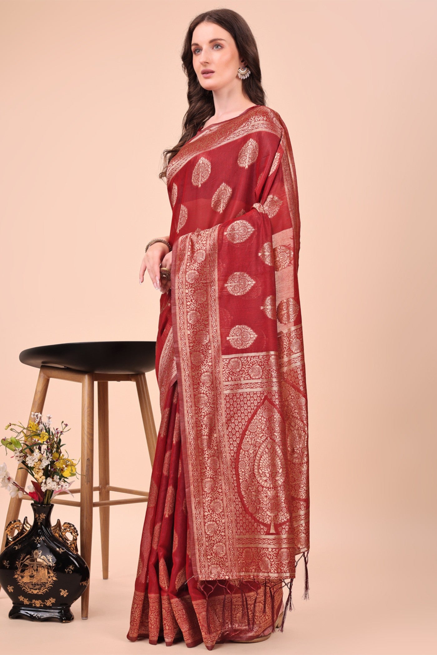 Buy MySilkLove Garnet Red Woven Cotton Saree Online