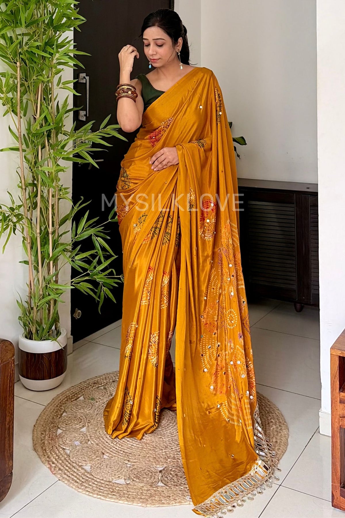 Buy MySilkLove Antique Yellow Satin Printed Bandhani Mirror Work Saree Online