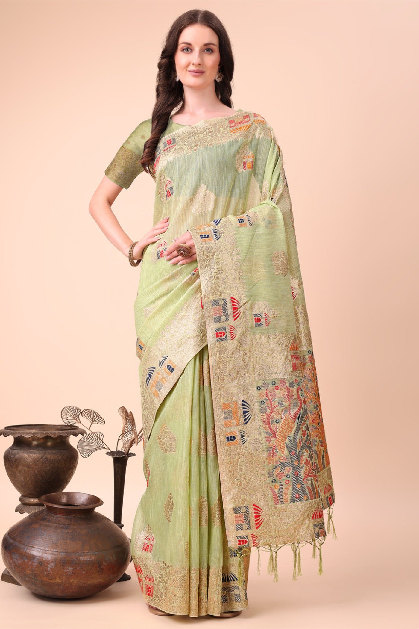 Buy MySilkLove Apple Green Linen Cotton Saree Online